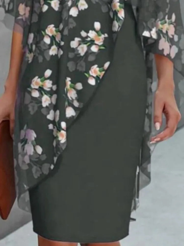Elegant O-neck Half-sleeved 2-piece Dress For Women Autumn Fashion Irregular Suit Flower Printing Loose Dresses Female