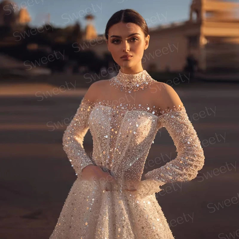 Fully Beaded Wedding Dress Lace With Embroidered A-Line Ball Gown High-Neck Full Sleeve Bridal Dress  Button Vestido De Novia