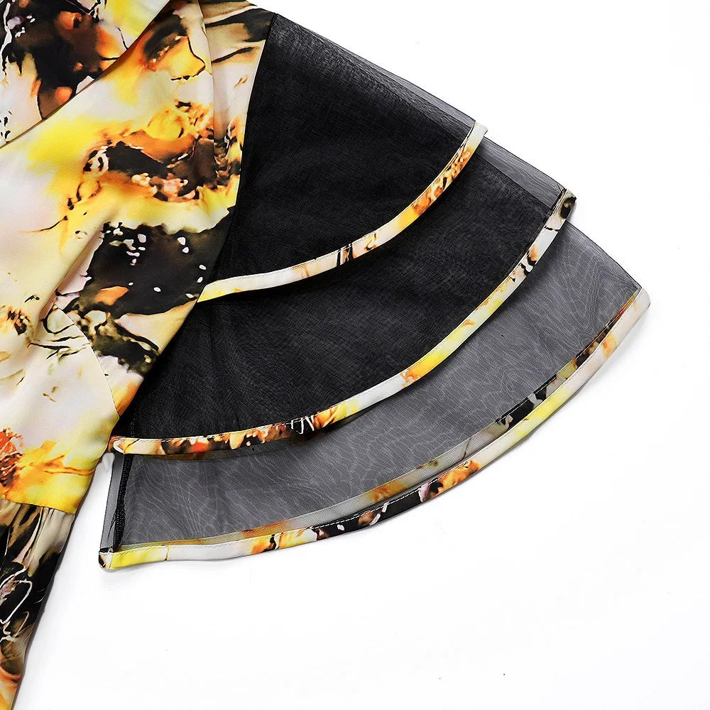 Elegant Printed Dresses for Woman V Neck Ruffles Sleeve Belt Waisted Ankle Length Luxury Birthday Party Dinner Vestidos Mujer