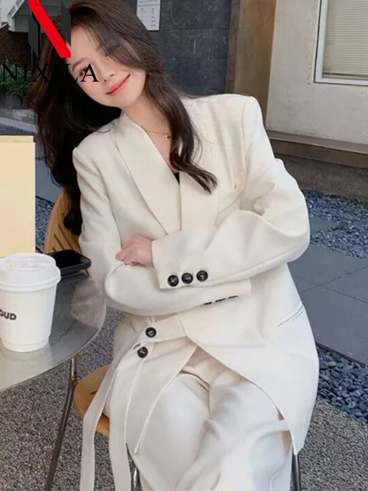 Women's Fashion Office Suit Set Casual Oversized Blazer And Wide Leg Pants Two-Piece Long Sleeve Top Bottoms Combo