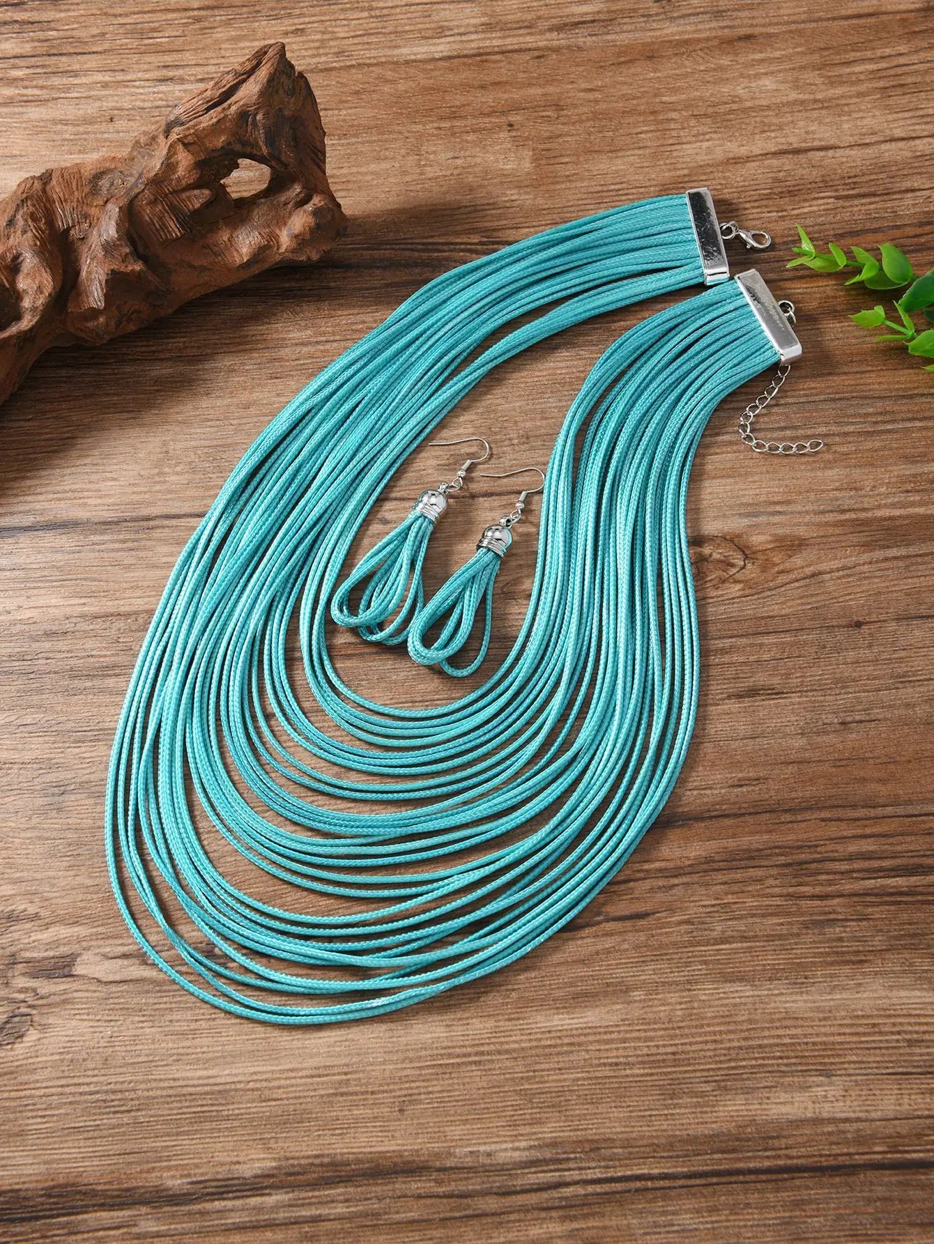 Jewelry Sets for Women, Multi-layer Wax Thread Hand-woven Necklace, Fashion and Personality Choker + Dangle Earrings