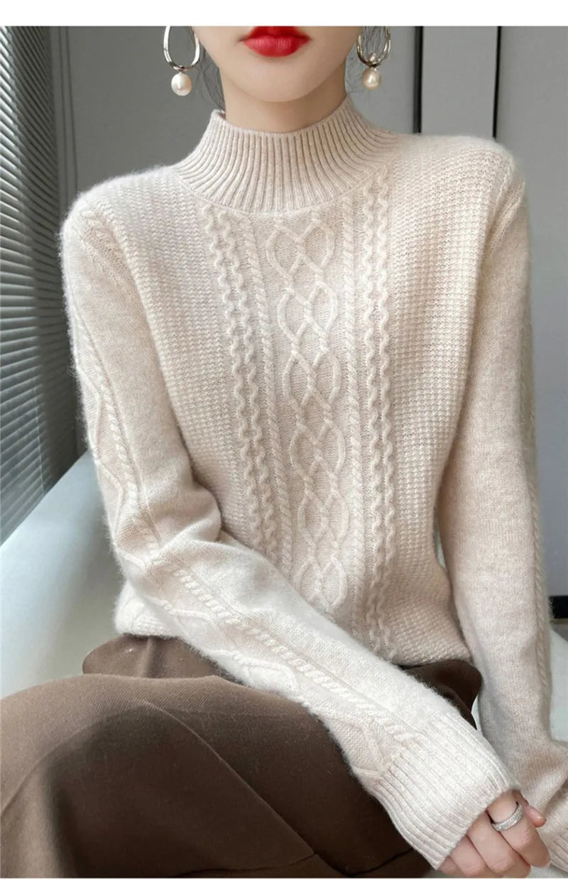 Women's Sweater Spring Autumn Outside Wear Pullovers Half High Collar Knitwear Fashion Long Sleeve Pull Femme Sueter Tops