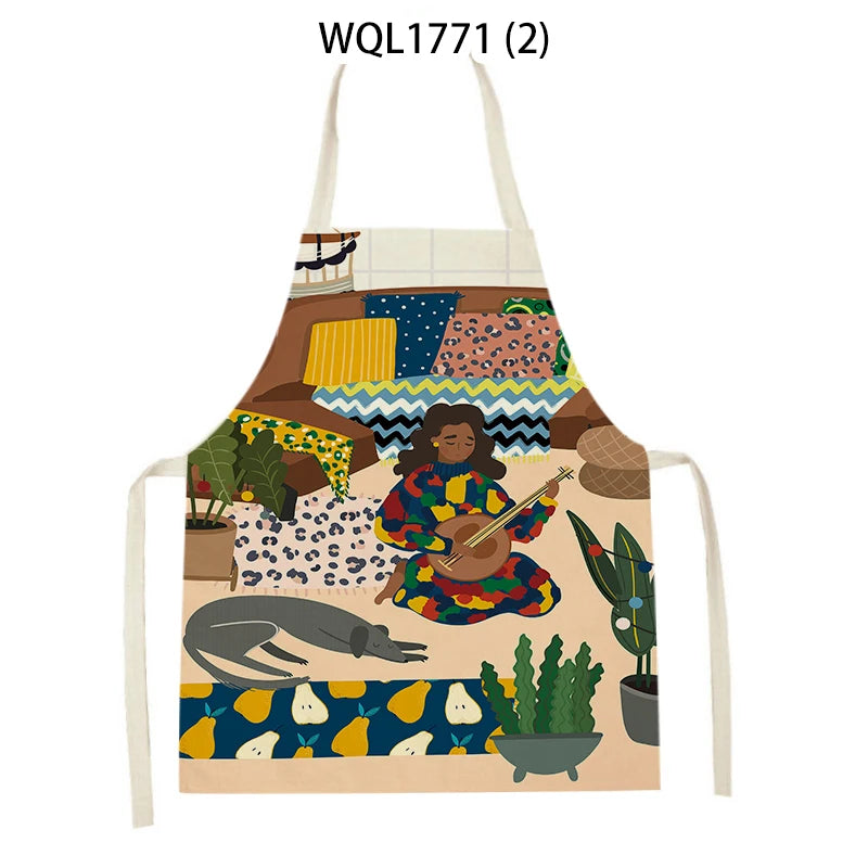 Kitchen Apron Modern Girl Plants Pattern Linen Aprons for Women Men Household Cleaning Apron Cooking Baking Accessories