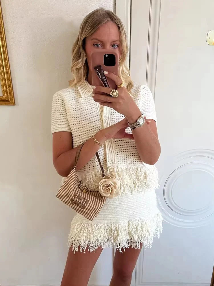 Tassel Skirt Sets Short Sleeve Knitted Tops Sexy Hip Hugging Skirts 2 Piece Set Women's Party Streetwear 2025 Woman Outfits