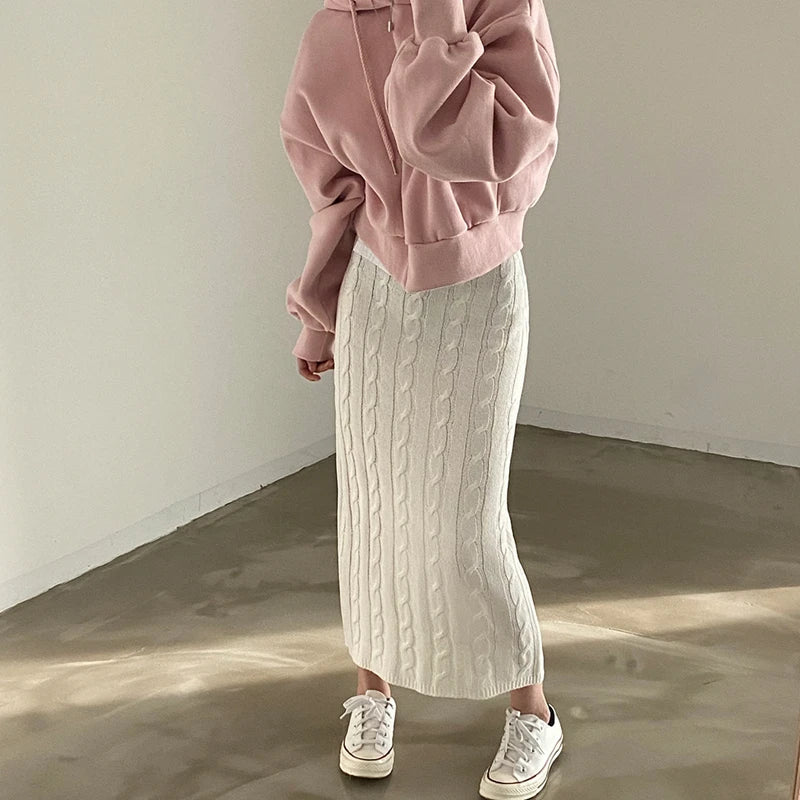 Solid Knitted Skirts For Women 2023 Fashion Autumn Winter Slim Long Skirt Vintage Casual Elastic High Waisted Straight Skirt New