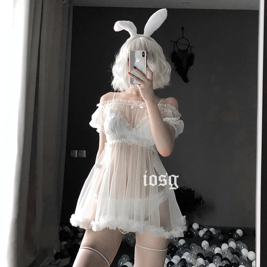 Sexy Lingerie White Night Dress Perspective Out Lace Sleepwear Female Temptation Women's Nightgown Nightwear Sleeping Dress