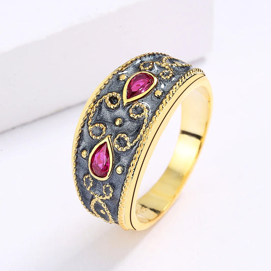 Classic Rings for Women's Fashion Two-tone Women's Inlaid with Red Zircon Jewelry Gold-color Vintage Jewellery