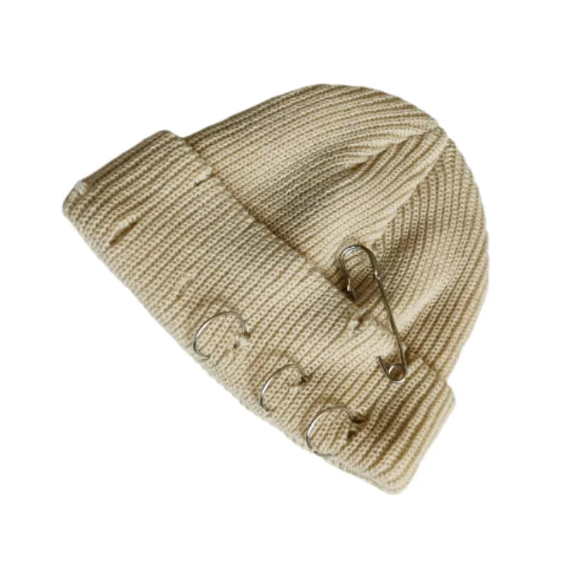 Hat for Women Autumn and Winter Ring Pin Street Hip-Hop Woolen Hats with Holes Edging Knit Cap Men's Trendy Cold-proof Beanies