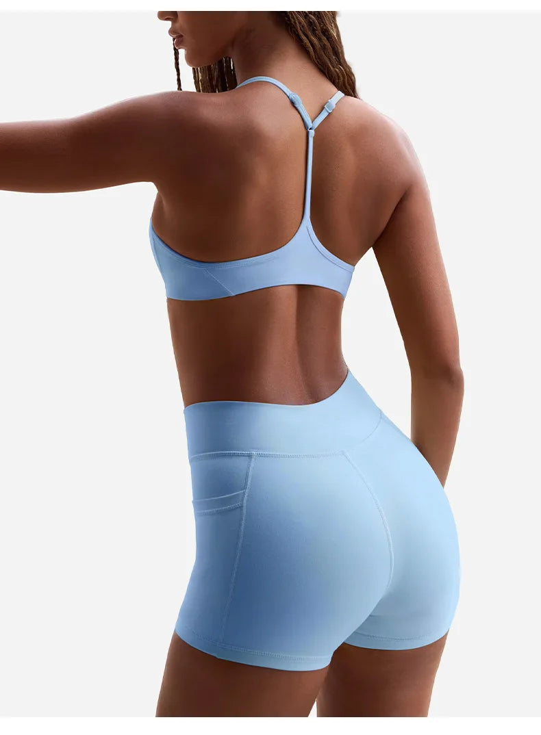 Women's Yoga Suit High Elasticity Naked Breathable Elastic Cross Waist Shorts Hanging Neck Bra Beautiful Back Gym Exercise Set