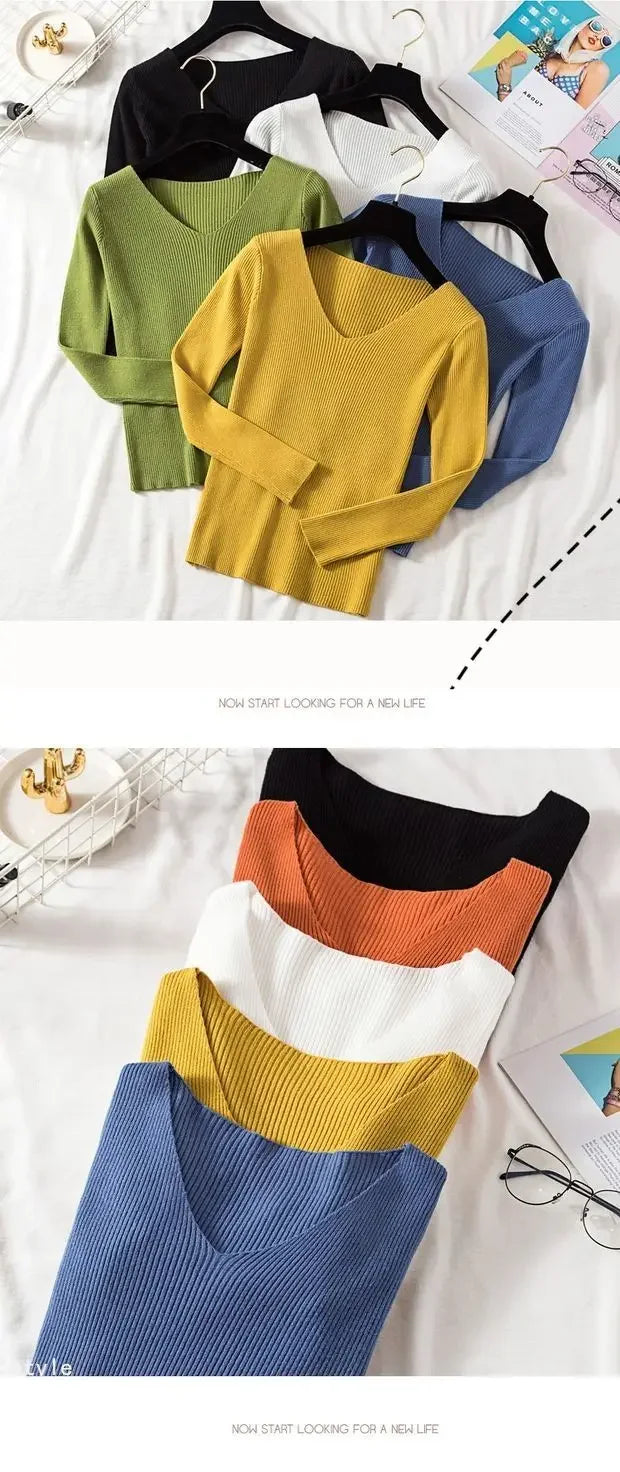 Women Sweater 2026 New Autumn Winter Long Sleeve Pullover Basic Top Fashion V-neck Elastic Female Winter Solid Knitted Jumper