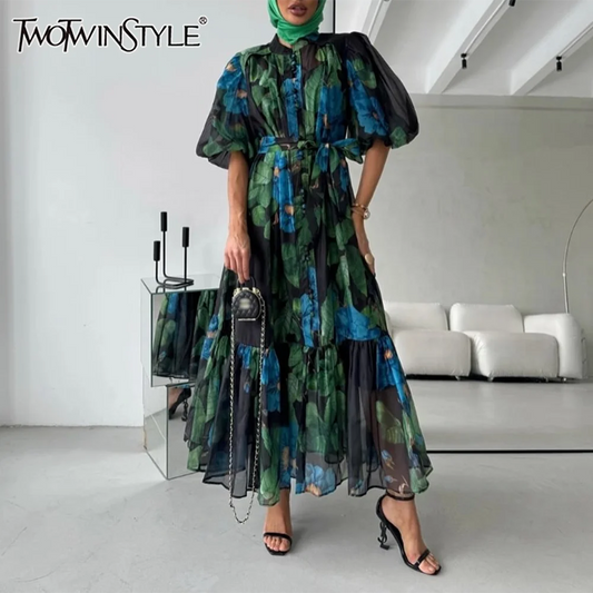 TWOTWINSTYLE Hit Color Spliced Printing Midi Dresses for Women Round Neck Short Sleeves Patchwork Lace Up Elegant Dress Female
