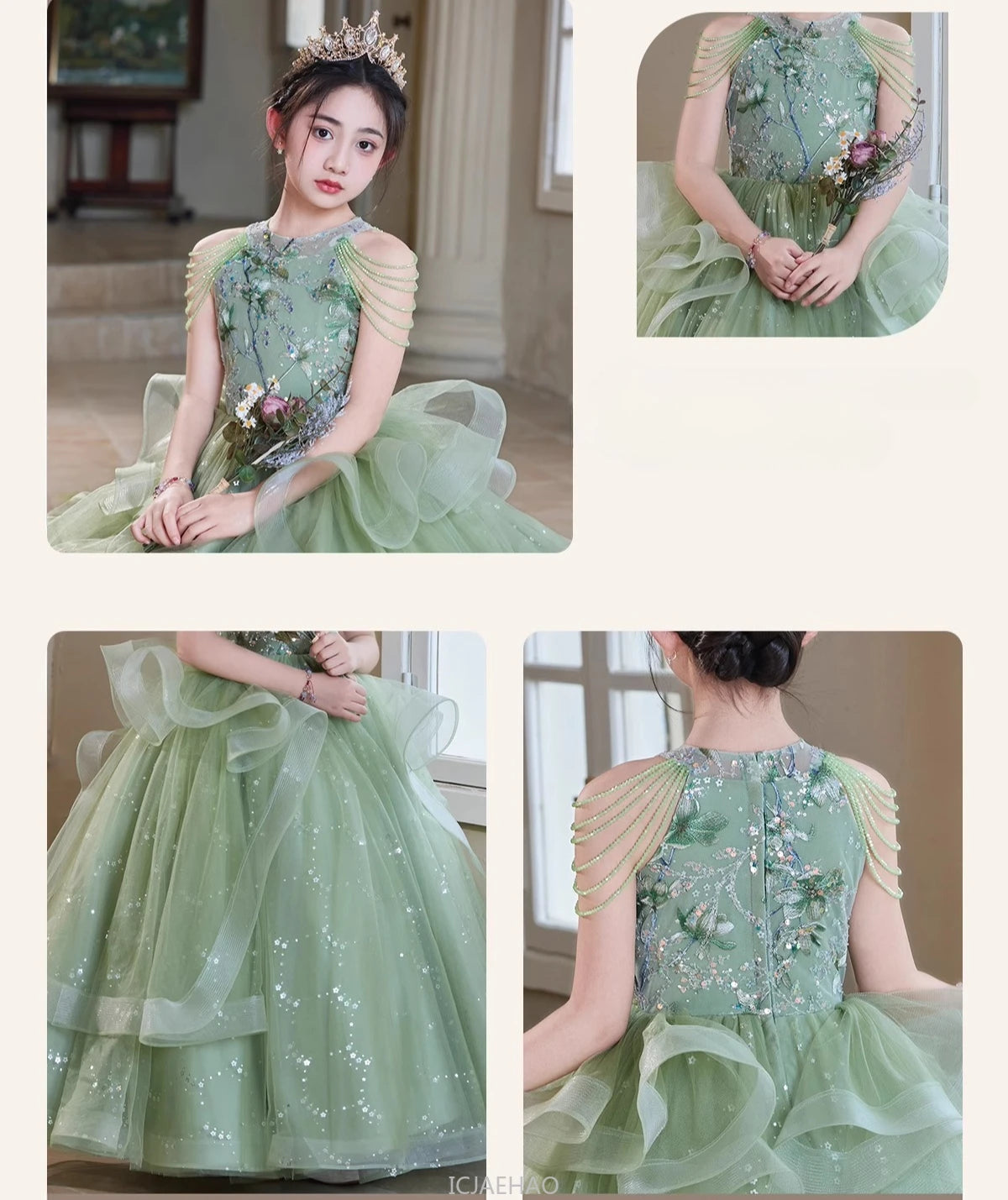 Teen Girl Clothes Green Girls Princess Dress Kids Pageant Host Gown Birthday Party Outfit PianoFormal Wear Recital Performance