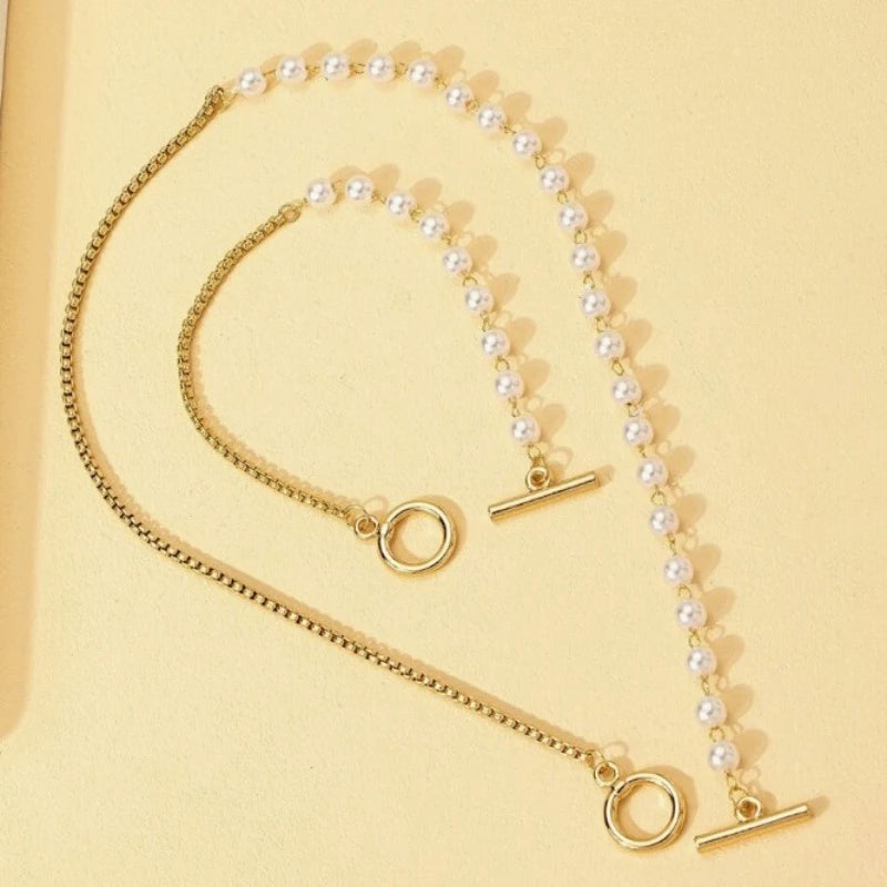 Stainless Steel Jewelry Set Fashion Elegant Design Splicing Pearl Chain Light Luxury Pendant Jewelry Set for Women Бижутерия