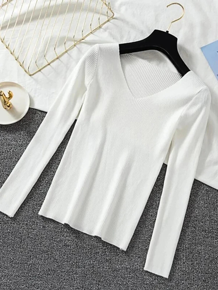 Women Sweater 2026 New Autumn Winter Long Sleeve Pullover Basic Top Fashion V-neck Elastic Female Winter Solid Knitted Jumper