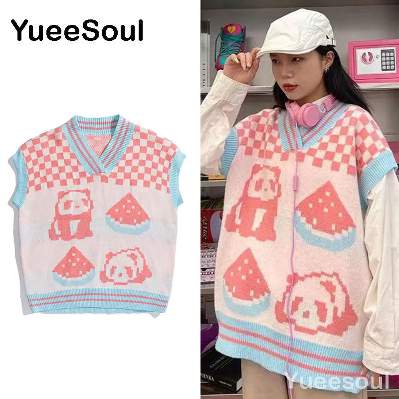Sweet Kawaii Sweater Vest Printed Sleeveless Casual Outerwear Knitted Waistcoat 2023 Vintage Y2K Spring  E Girl Pullovers Tops