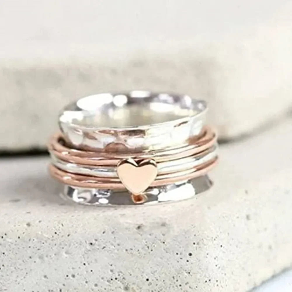 КольцаженскиеRomantic Heart Rotating Relief Ring Vintage Plain Hammered Design Spinners Rings Love Ring Birthday Gifts for Women