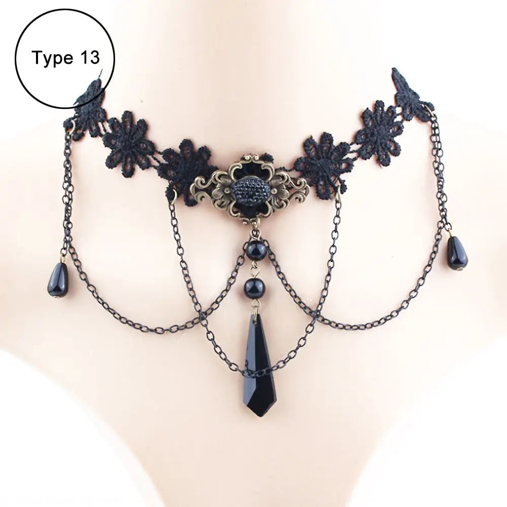 Sexy Black Lace Necklace Vintage Gothic Necklace Steampunk Style Beads Pendant Exquisite Women Choker Fashion Jewelry