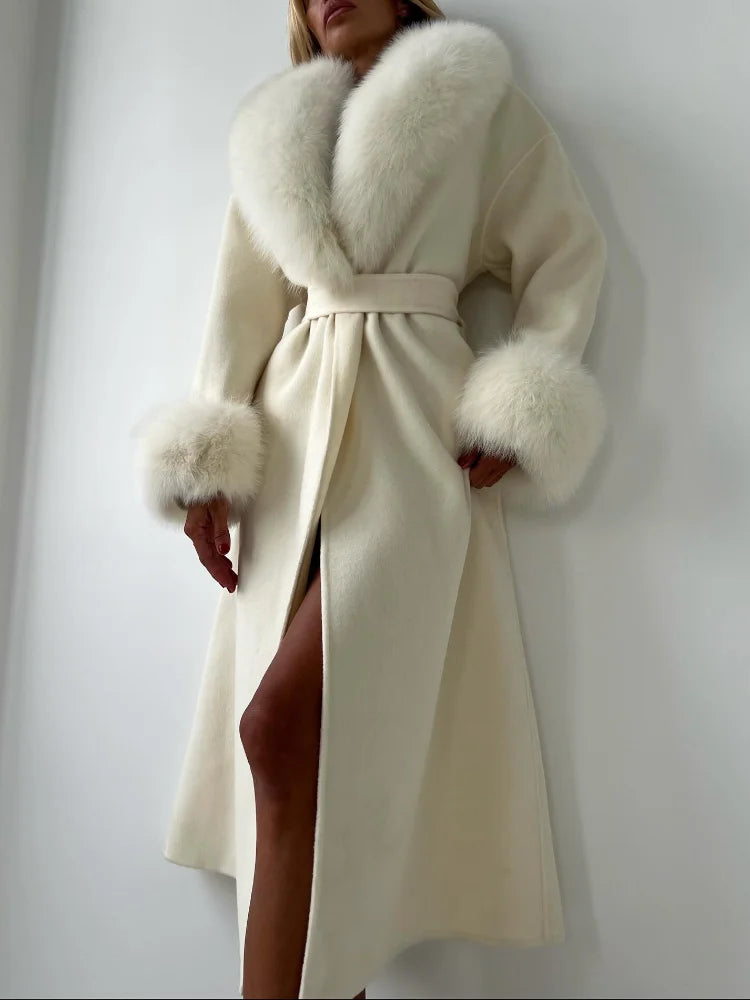 Winter Jacket Women Long Natural Wool Blends Cashmere Faux Fur Coat Lace Up Belt Warm Wool Oveercoat New Streetwear 2025