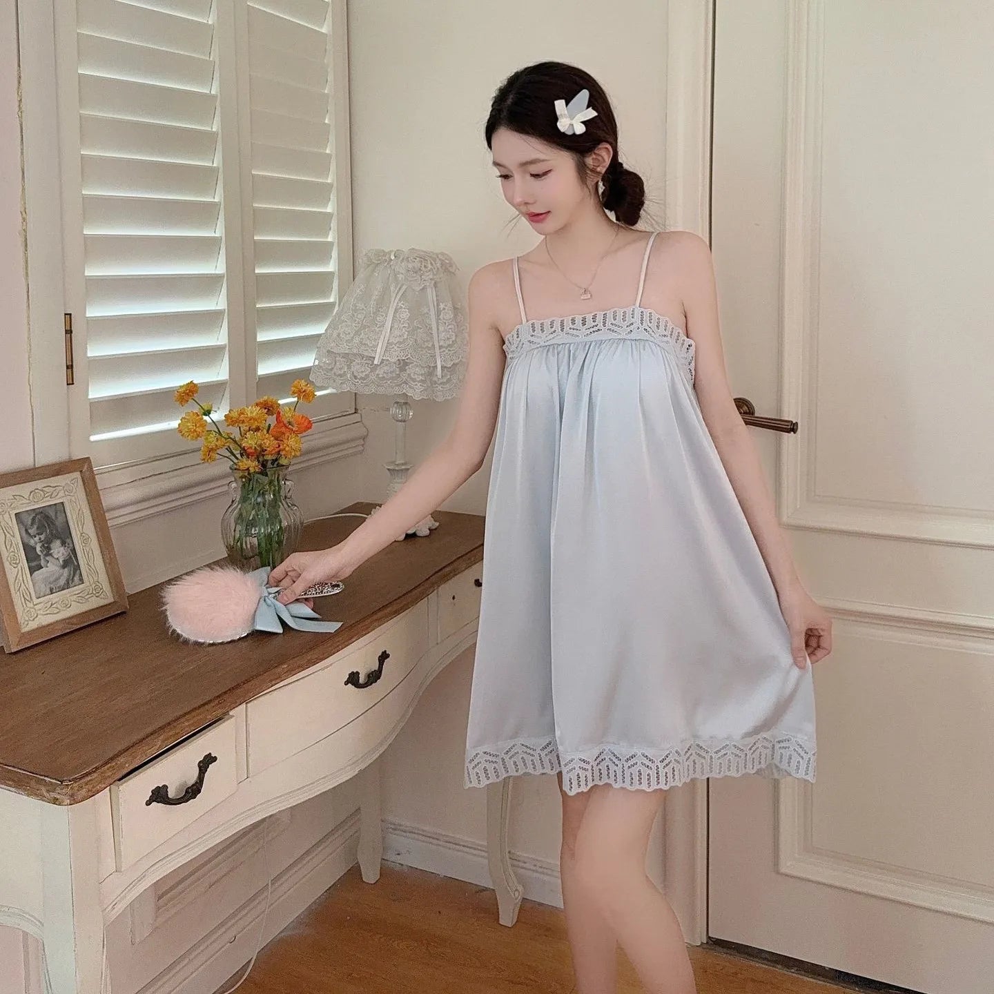 Sexy Nightie Woman Lace Trim Nightdress High Quality Satin Sleepwear Solid Color Soft Home Dress Female Silk Nightgown