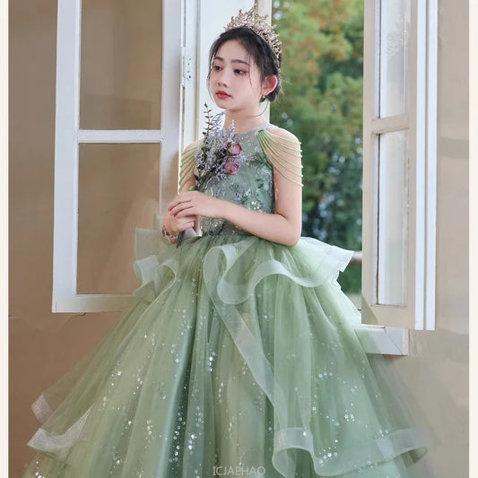 Teen Girl Clothes Green Girls Princess Dress Kids Pageant Host Gown Birthday Party Outfit PianoFormal Wear Recital Performance