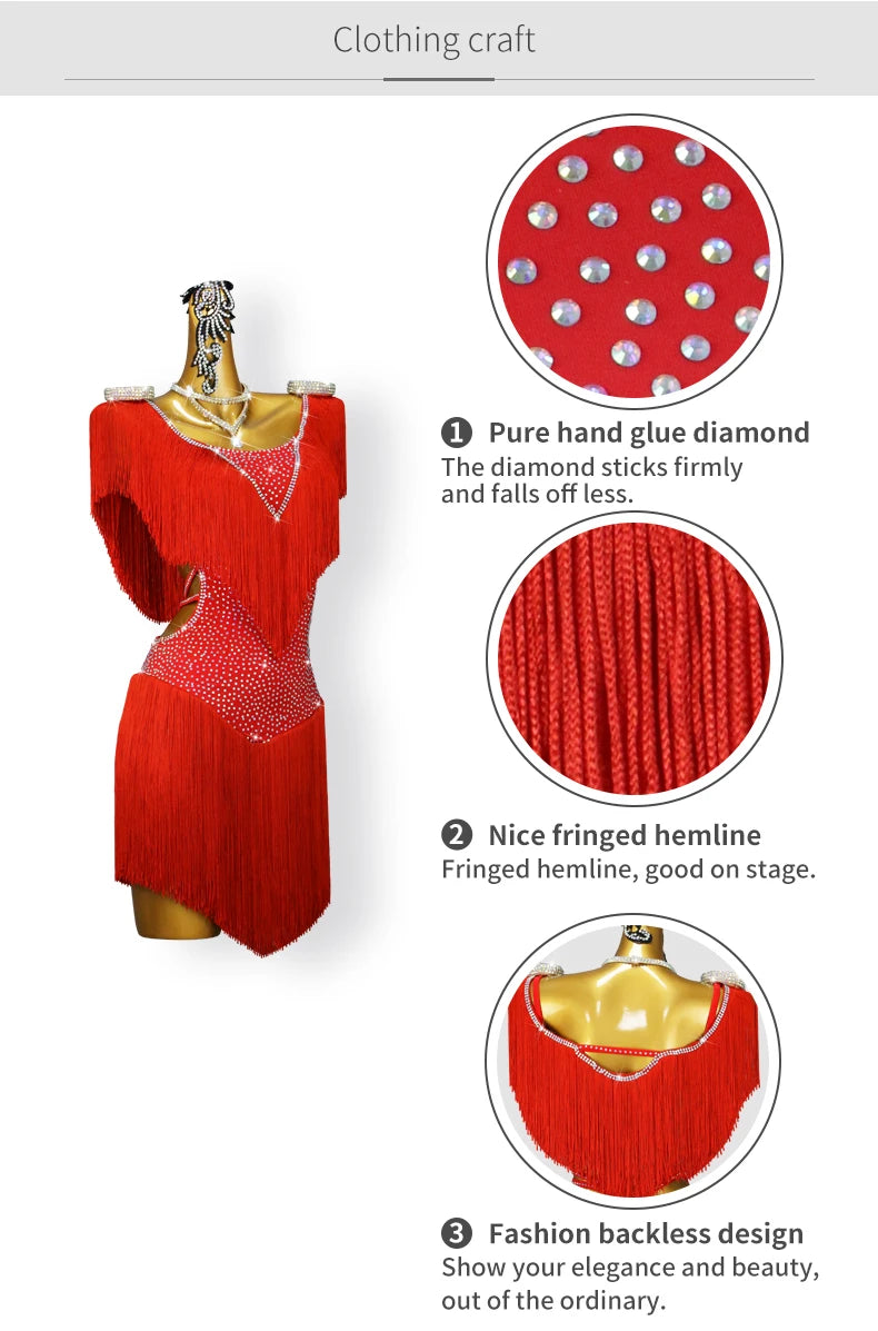 Red Latin Dance Fringed Dresses Sexy Womens Competition Costume Adult Female Party Clothes Cabaret Practice Wear Girl Stage Suit