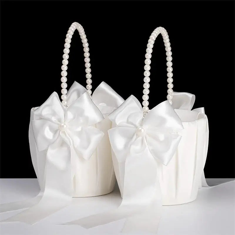 White Girls Flower Basket Silk Wedding Basket Flower Bride Girls Kids Hand Held Wedding Party Wedding  Bridal Flower Basket