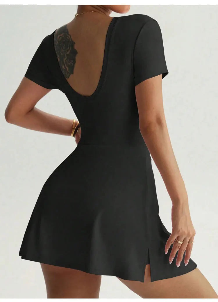 Women Yoga Bodysuit Short Dress Slimming Open Back Two Piece Look Anti See Through Athletic Tennis Skirt for Outdoor Workout