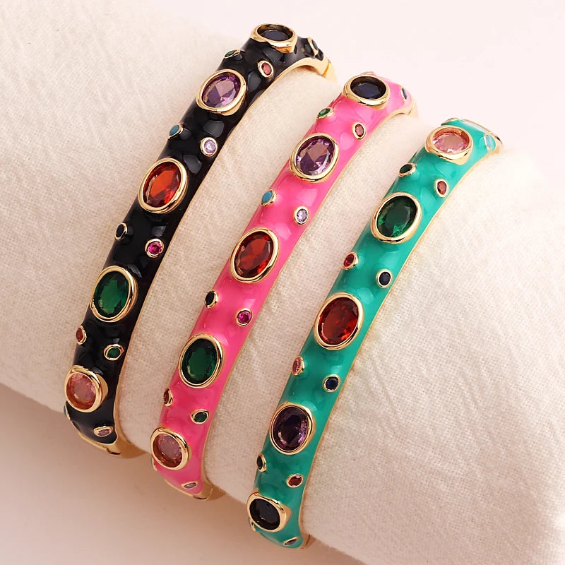 Luxury Colorful Enamel Bangles Bracelets for Women Party Gift Fashion Rainbow Zircon CZ Bangles Original 18K Gold Plated Jewelry