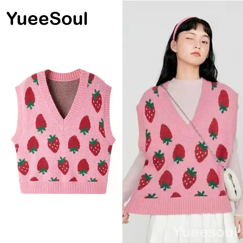 Sweet Kawaii Sweater Vest Printed Sleeveless Casual Outerwear Knitted Waistcoat 2023 Vintage Y2K Spring  E Girl Pullovers Tops