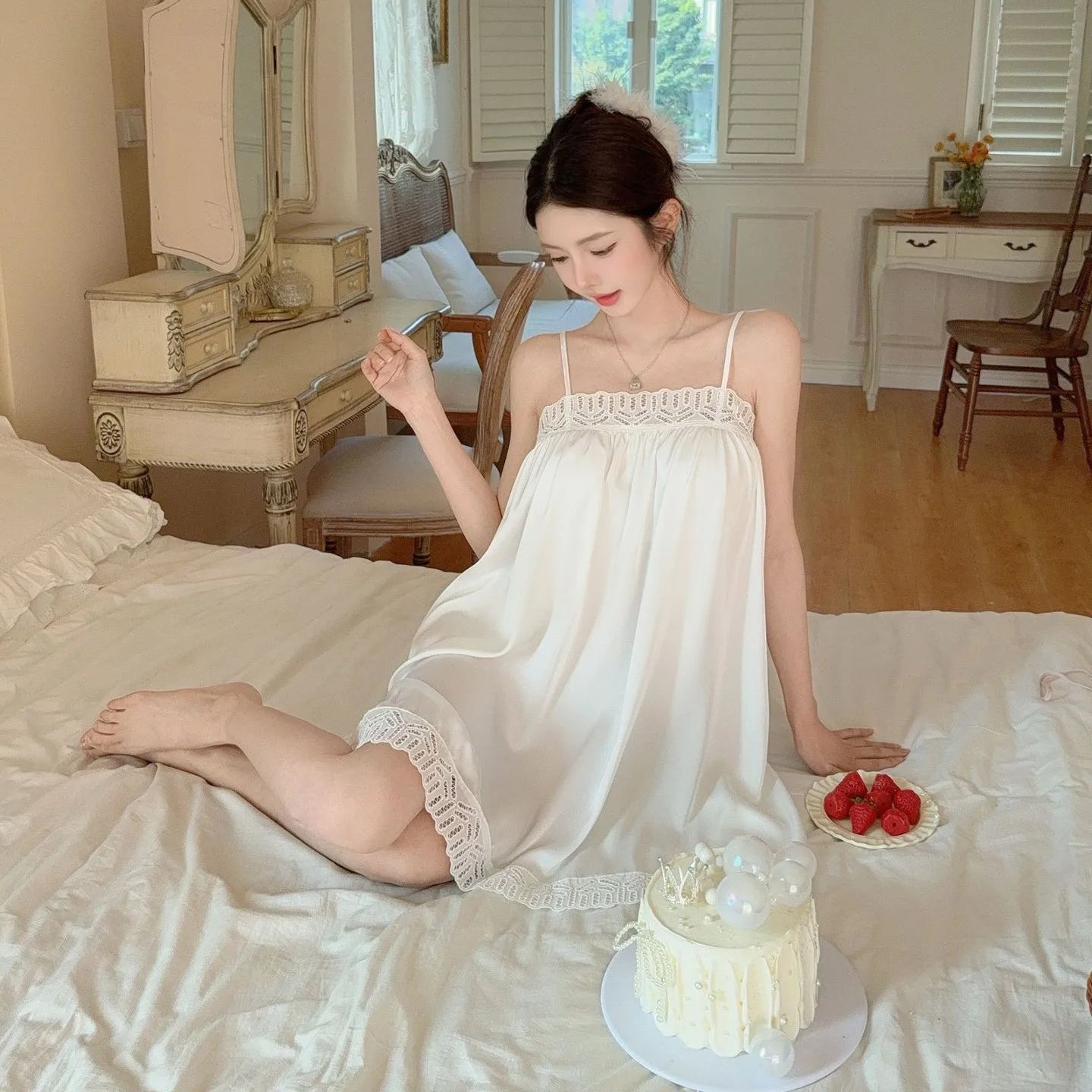 Sexy Nightie Woman Lace Trim Nightdress High Quality Satin Sleepwear Solid Color Soft Home Dress Female Silk Nightgown