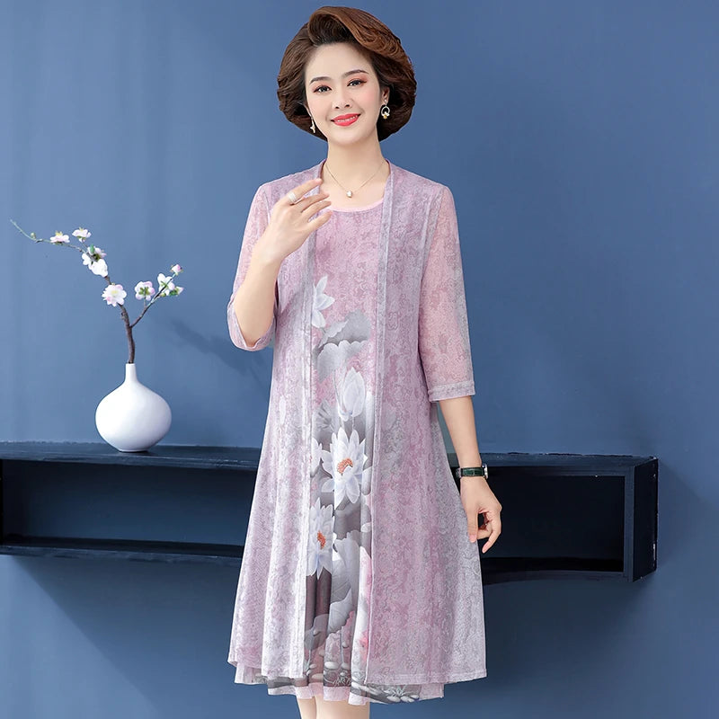 Elegant Dresses Women NEW Summer Casual Retro Temperament printing two Piece Set Dress Mother Dress plus Size