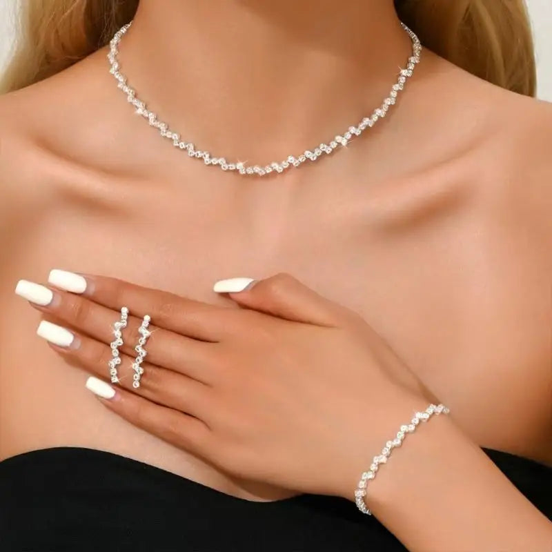 57QA Dazzling Rhinestones Crystal Bridal Jewelry Unique Bride's Jewelry Set Rhinestones Necklace Bracelet Earrings Ensembles