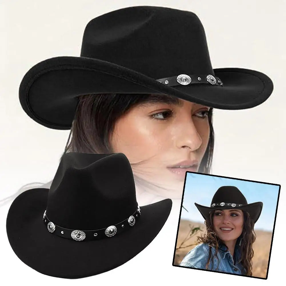 Felt Cowboy Hat for Women Men Rolled Wide Brim Cowboy Hats Western Hat with Buckle Belt Cowboy Cowgirl Hat