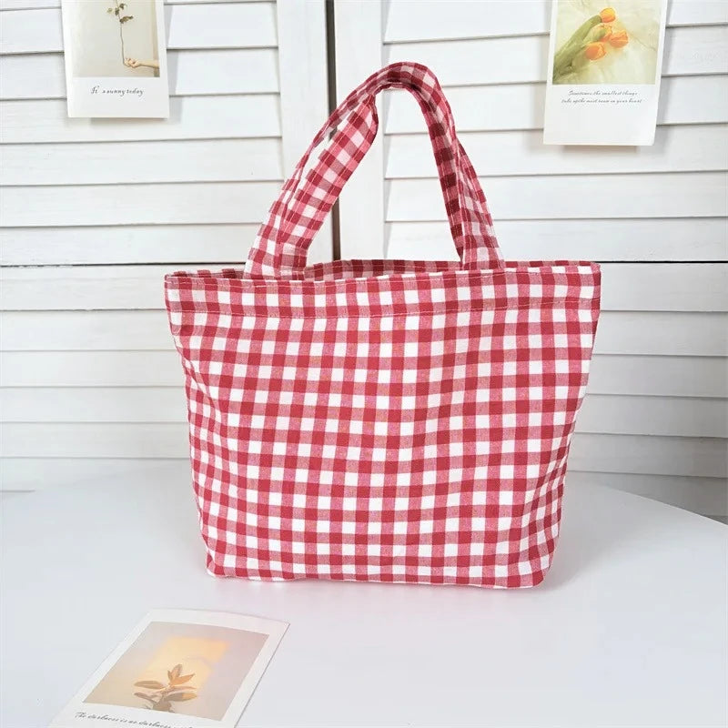 Portable Women's Bento Handbags Simple Plaid Ladies Small Tote Purse Shoulder Bags Retro Female Cloth Reusable Shopping Bag