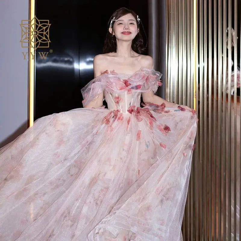 Women Concert Tulle Ball Gown Off Shoulder Flower Ladies Evening Dress Evening Luxury Elegant Robe Female Formal Occasion Dress