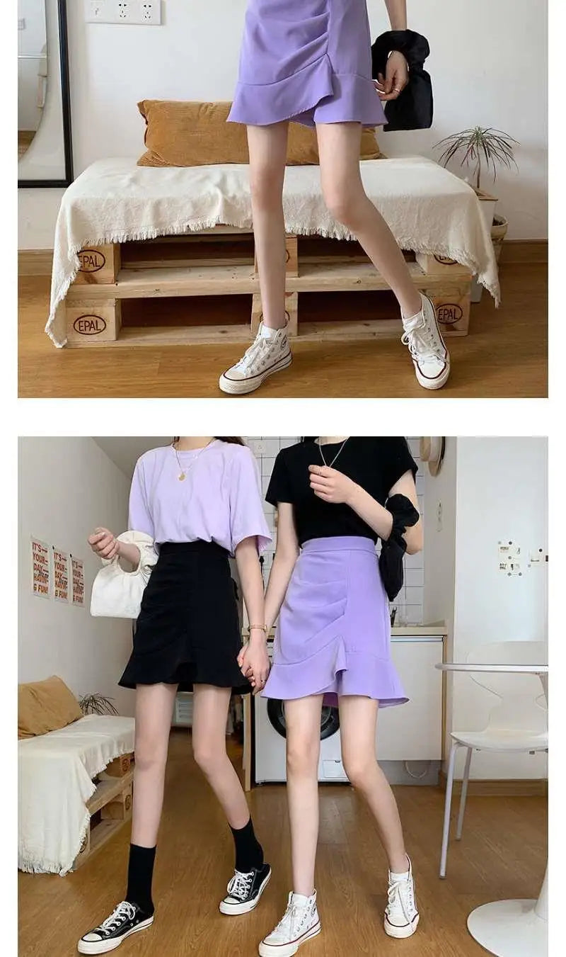 Irregular High Waist Skirts for Female Summer New Korean Fashion All-match Bag Hip A-Line Solid Color Ruffles Spliced Mini Skirt