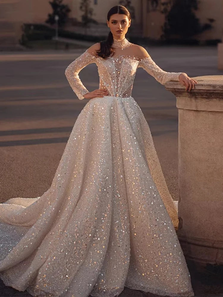Fully Beaded Wedding Dress Lace With Embroidered A-Line Ball Gown High-Neck Full Sleeve Bridal Dress  Button Vestido De Novia