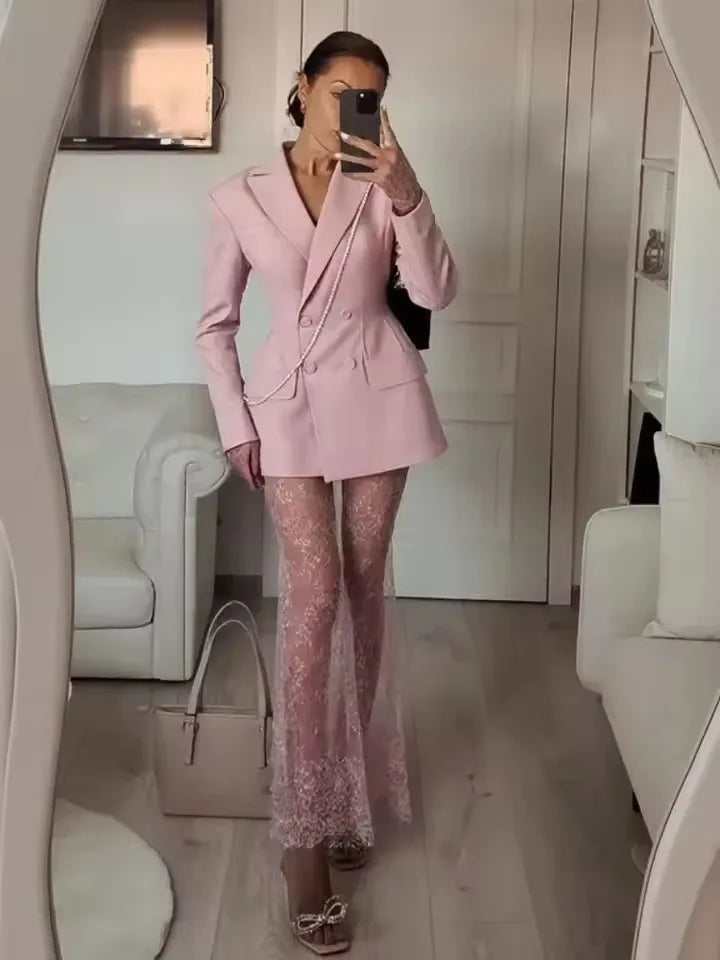 2025 Elegant Blazer Skirt Sets Women Two Piece Double Breasted Jacket Lace See Through Trousers Suits New Party Gown Set