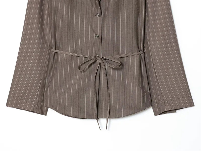 Women's Suit 2025 New Fashion Autumn Striped Shoulder Pads Belt Blazer and Pleated Pants Suit for Women Casual Chic Ladies Set