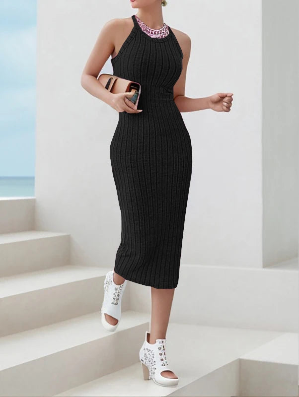 Women's sweater dresses, round neck, solid color, versatile, without belt, knitted sweater dress