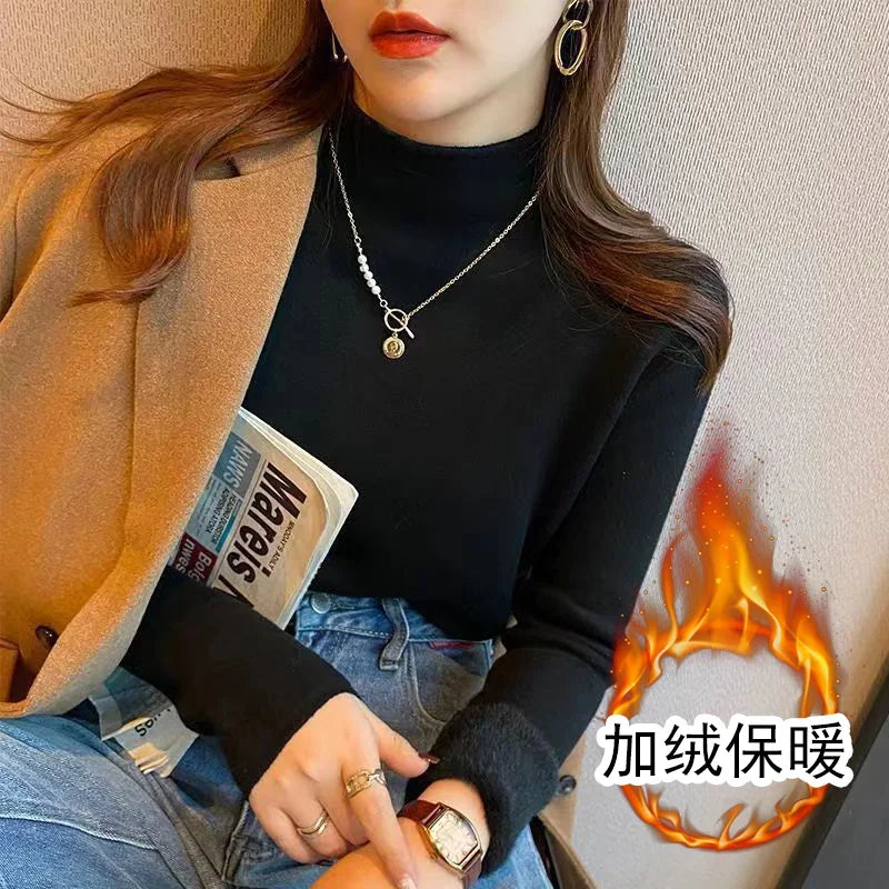 2025 Sweater For Women Casual Thick Warm Knit Plush Velvet Lined Pullover Tops Fall Winter Soft Knitwear Jumper New Slim Poleras