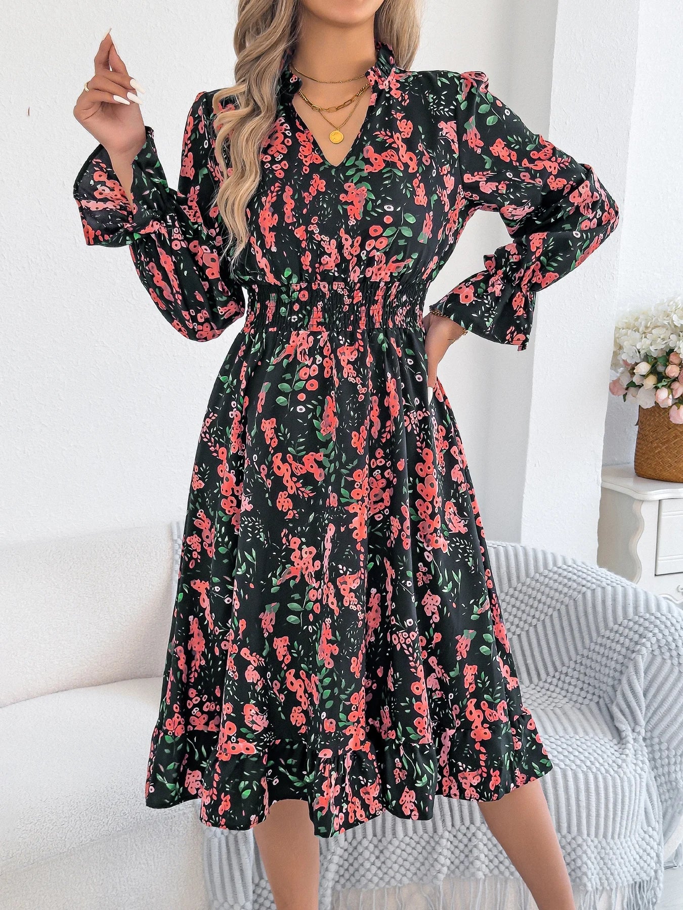 Elegant Floral Print Dresses Women 2025 Autumn Winter V Neck Flare Long Sleeve Ruffled A Line Dress