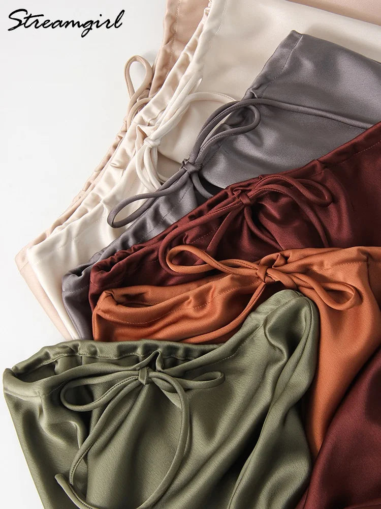Long Black Satin Skirts Women For Work Summer Autumn Straight Brown Skirt Long Belt Coffee Formal Silk Maxi Skirt For Ladies