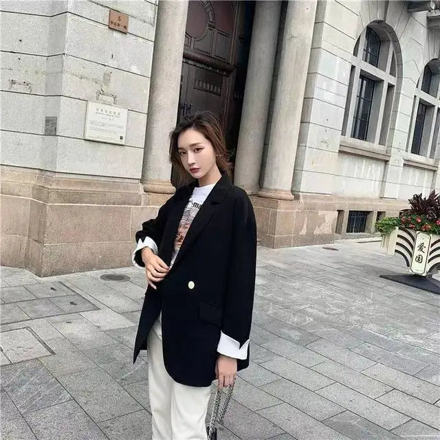 Long Blazers Woman Spring Casual Office Lady Lapel Double-breasted Slim-fit Elegant Solid Color Fashion Outerwear Minimalist