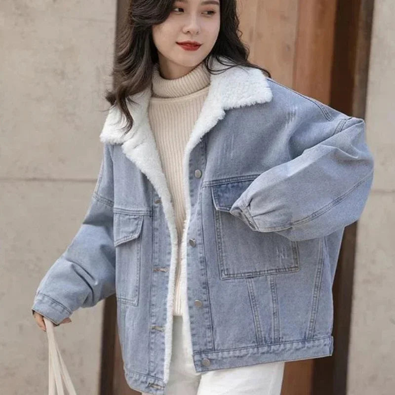Outerwear Wool Inside Plain Warm Blue Denim Jacket for Women with Fur Plush Woman Jean Coat Winter 2025 Cold Padded Korean Outer