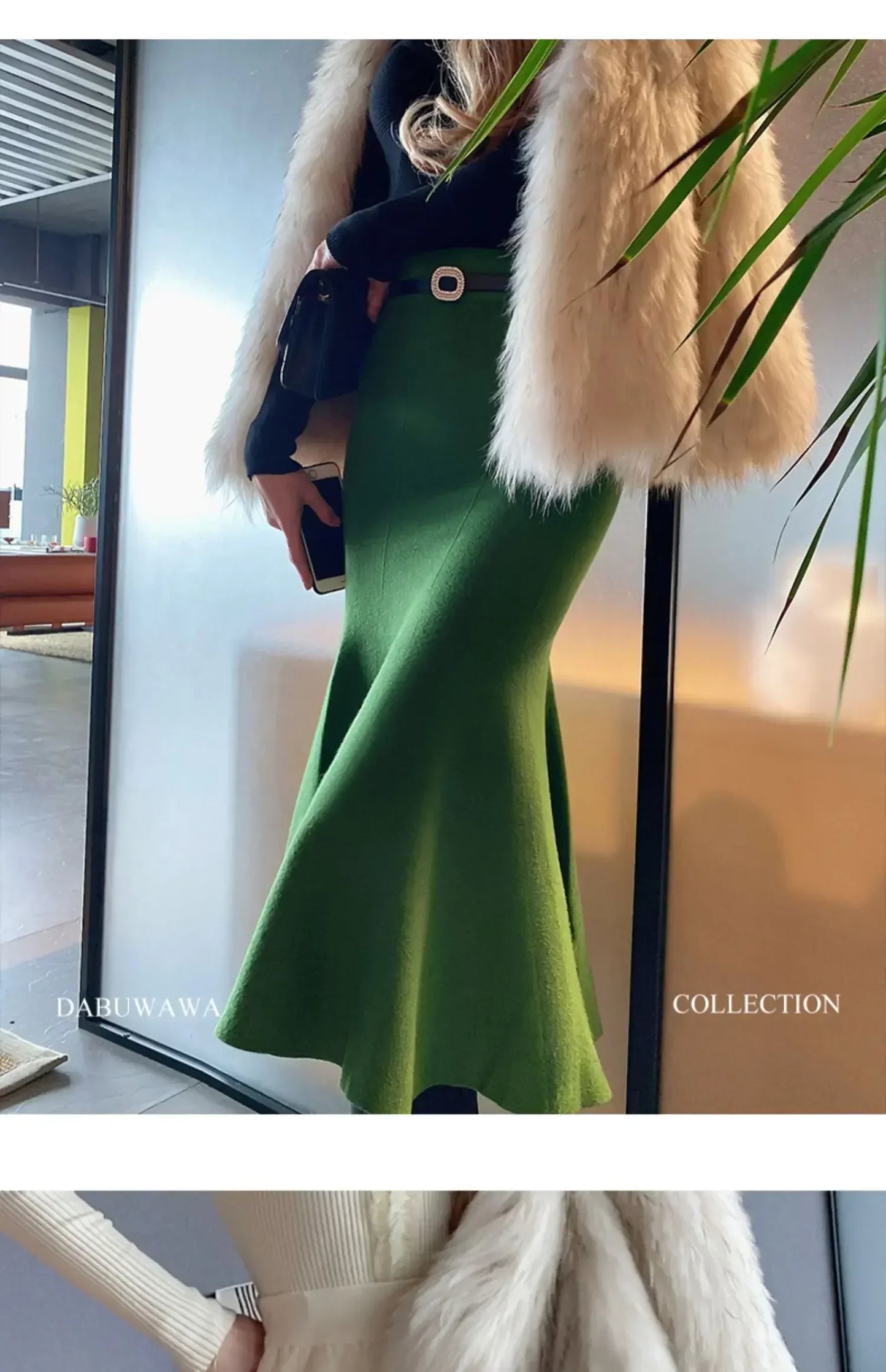 Women's Skirts 2025 Autumn Winter Fashion Knitted Long Skirts for Women Green Vintage Slim Office Lady A-LINE Fishtail Skirt