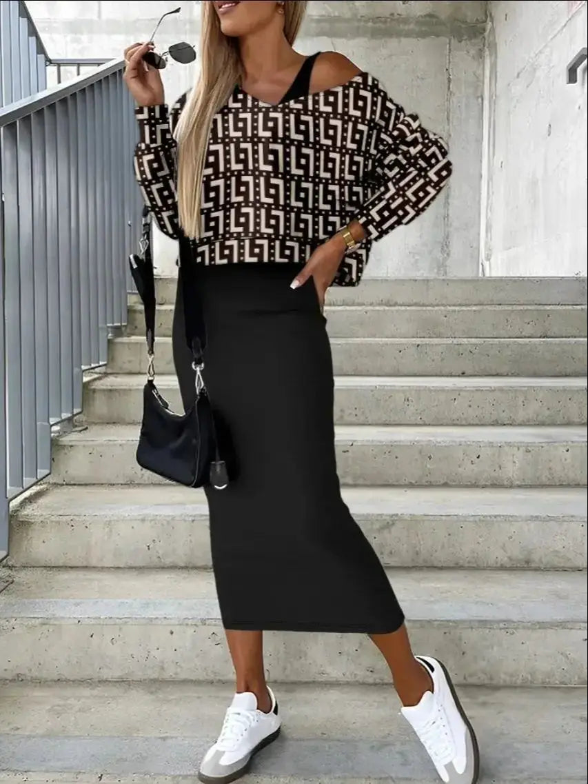 Fashion Print Two Piece Dress Women's Set Sexy Deep V-Neck Top & Bag Hip Long Dress Set 2023 Autumn Winter New Casual Outfit