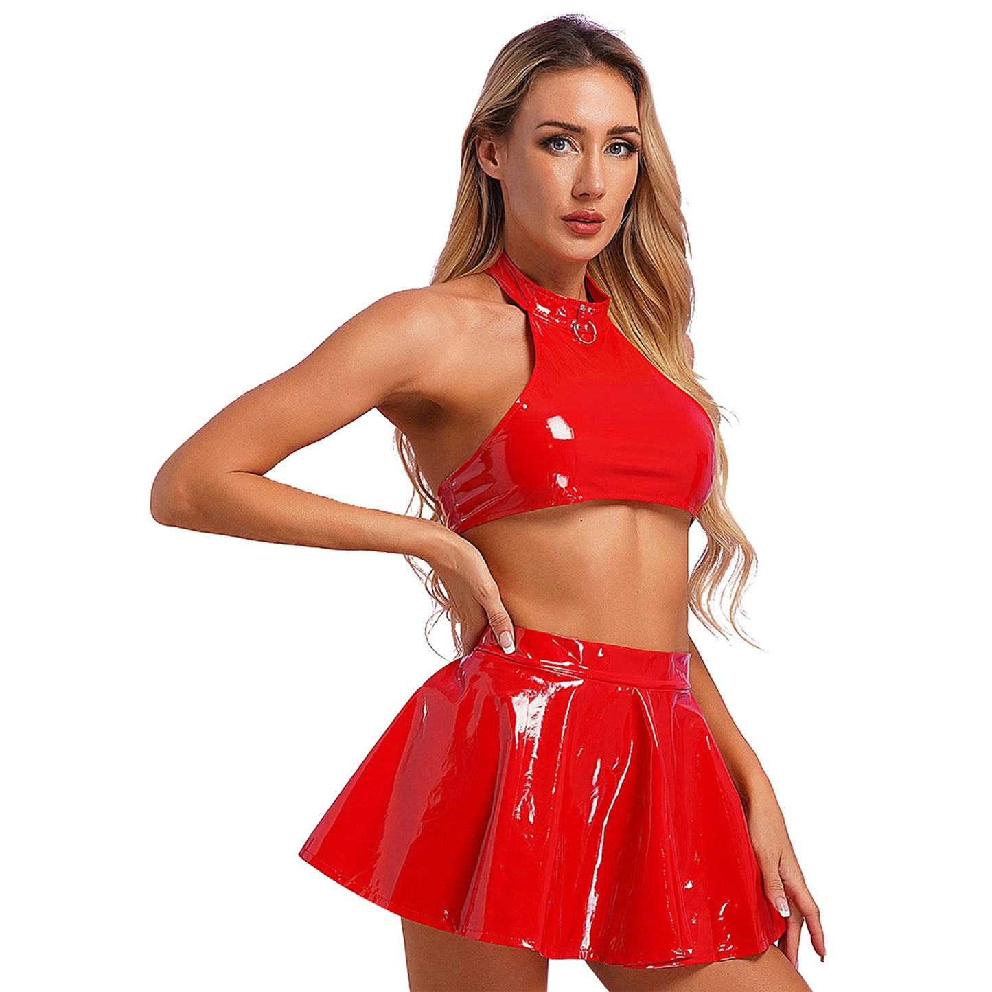 Womens Two Pieces Rave Party Outfits O Ring Halter Vest Tops Backless Patent Leather Crop Top with Invisible Zipper Flared Skirt