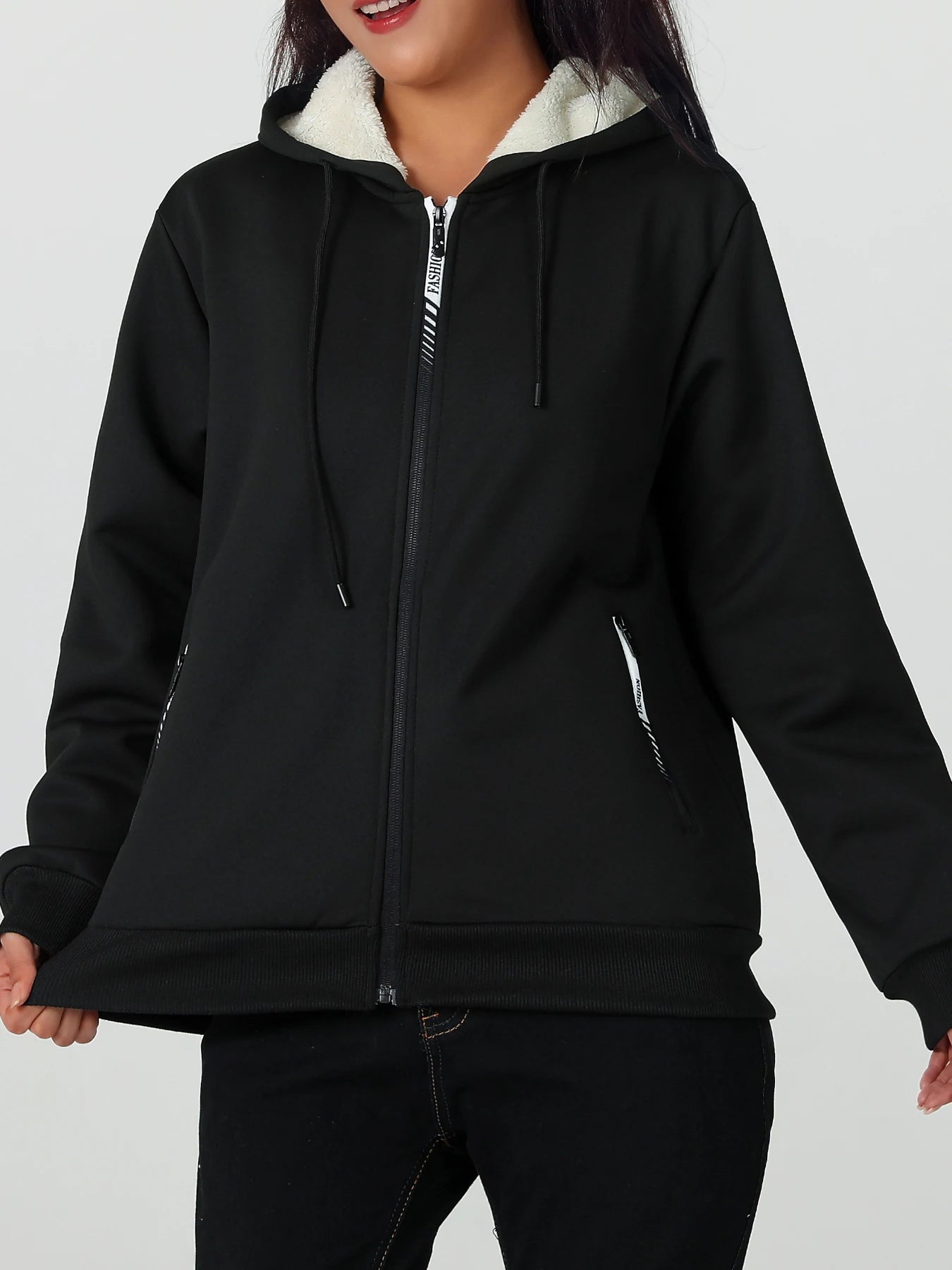 A Winter Women's Jacket, Fleece-Lined and Thickened for Warmth, Loose Casual Women's Outerwear, Polyester Fabric, Zip-Up Front, Side Zipper Pockets, Solid Color Hooded Jacket, Hidden Large Pockets Inside