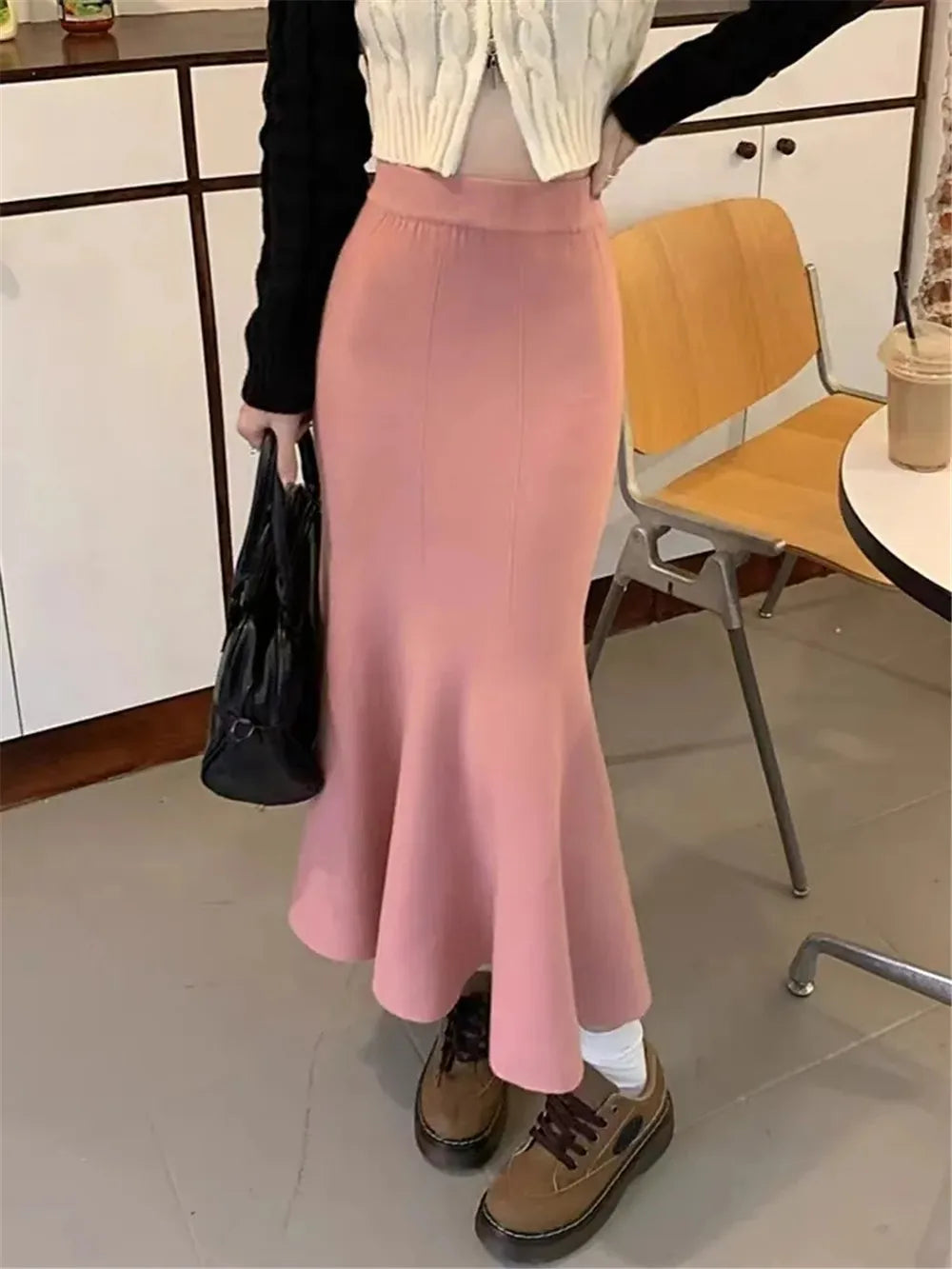Knitting Skirts For Women Fashion High Waist Slim Trumpet Mermaid Skirts Office Ladies Casual Elegant Ankle Length Long Skirt